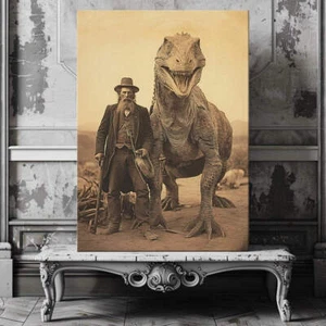 Vintage Wall Art Canvas Print of Old Man and Living Dinosaur in Wild West - Cree - Picture 1 of 18