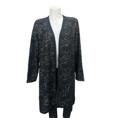Chico’s Black Silver Metallic Brocade Wool Blend Open Front Midi Cardigan sz M Foto 1 de 4