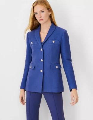 ANN TAYLOR $198 AZURINE BLUE LONG TWEED JACKET SZ 0 - Image 1 of 4