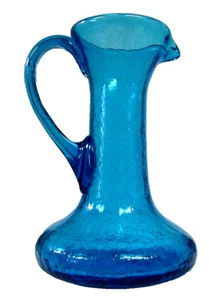 VTG Blenko MCM Crackle Glass Pitcher Electric Blue Crackle Stretch Hand Blown - Picture 1 of 8
