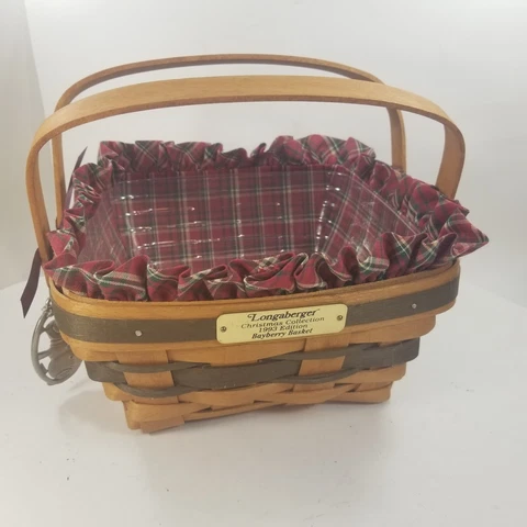 Longaberger 1993 Christmas Red Bayberry Basket With Liner And 2 Snowman Pendants Cover
