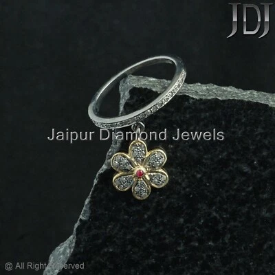 FLOWER Charm Dangling Band Ring 925 Sterling Silver Diamond Pave Women Jewelry - Image 1 of 4