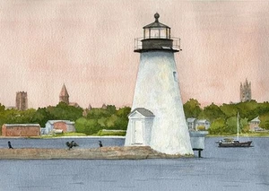 Palmer Island Lighthouse New Bedford Massachusetts Matted Watercolor Art Prints - Photo 1/2