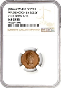 "1776" (ca. 1876) Washington by Soley - Liberty Bell Medalet Copper MS-65 NGC - Picture 1 of 4