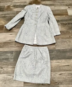 Conjunto de Traje Rickie Freeman Teri Jon - Chaqueta y Falda Estampado Brocado Gris Plata Talla 2 - Imagen 1 de 15