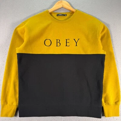Obey 圆领运动衫女式小号黄色黑色刺绣标志拼出重型 — 第 1/4 张图片