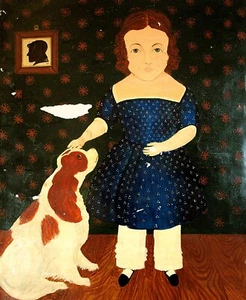Leslie Stafford (1949-2024) Dipinto di arte popolare ingenua. Ragazza e Re Carlo Spaniel - Foto 1 di 6