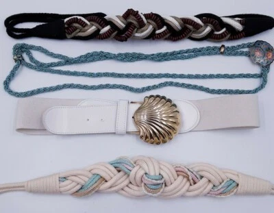 Womens Vintage Belts Lot 4 Cloisonne Enamel Buckle elastic Shell braided rope P - Image 1 of 4