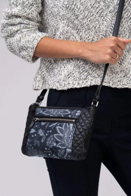 Bolsa tiracolo Vera Bradley Foxwood couro marinho denim jacquard 10,5x6,5 - Imagem 1 de 4