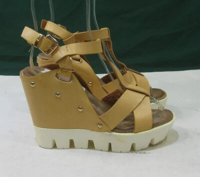 ZAPATOS MUJER Marrón 4.5" Tacón de Cuña Alto Punta Abierta Correas al Tobillo Talla 6 Foto 1 de 4