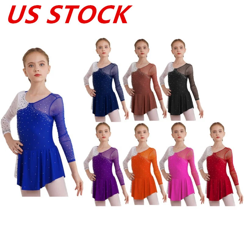 Girls Dance Dress Round Neckline Shiny Rhinestone Decorated Patchwork Skirts - Image 1 of 1