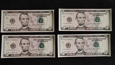 $5.00 Bills (4) In Number Sequence 2013 Lightly Circulated C Series USA - Image 1 of 2