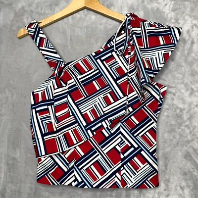Top Tallado Mujer US 6 Francés 38 Rojo Blanco Azul Geométrico Volantes Atado Hombro Foto 1 de 4