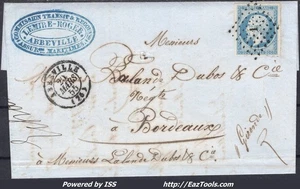 FRANCE N°14Af BLEU LAITEUX SUR LETTRE PC 1 ABBEVILLE SOMME + CAD DU 20/03/1855 - Picture 1 of 2