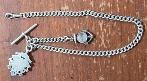 Sterling Silver Albert Chain Pocket Watch Medal & Compass Fob- 50.4g  (2388) - Picture 1 of 7