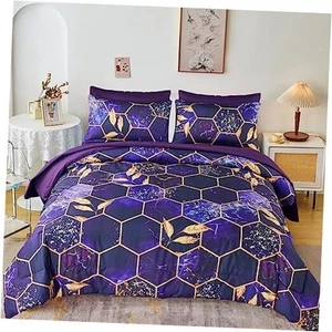 7 PC Hexagon Purple Queen Bed in A Bag Women Men Honeycomb Geometric Queen - Picture 1 of 7