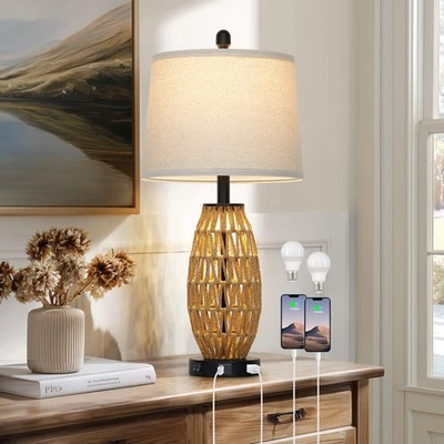 Lámpara de mesa de ratán boho de 27" individual, lámpara de dormitorio de mimbre con luz nocturna, tejida... Foto 1 de 4