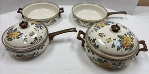 VINTAGE Fissler ASTA Brass Handle Floral Enamel Cookware Skillets and Pots - Picture 1 of 24