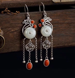 T03 Orecchini A Cerchio In Giada Bianca Con Rami Frange 925 Argento Sterling - Foto 1 di 10