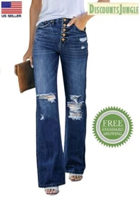Lookbook High Waisted Ripped Flare Women's Jeans Distressed Wide Leg Bell Bottom - Picture 1 of 53