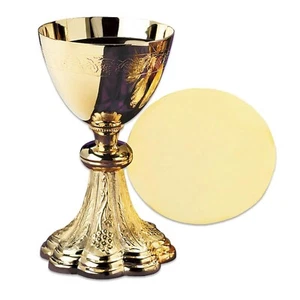 Cáliz de 8,5" con placa de oro a escala patena uvas y grabado de trigo - Imagen 1 de 2