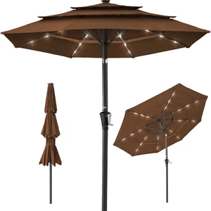 10Ft 3-Tier Solar Patio Umbrella W/ 24 LED Lights, Tilt Adjustment, Easy Crank - - Picture 1 of 12