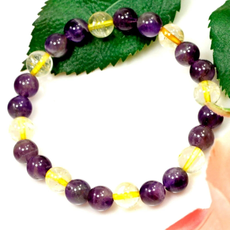 Pulsera de ametrino cuentas redondas piedras preciosas curativas púrpura y amarillo elástico Foto 1 de 4