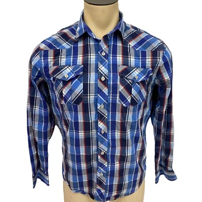 Paul Jones Shirt Mens Small Blue Plaid Button Up Western Pocket Long Sleeve Work - Image 1 of 4