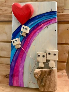 Quadro legno handmade 17x31 famiglia robot Arcobaleno - Handmade idea ragalo - Foto 1 di 6
