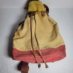 Lucky Brand Backpack Purse Bag Canvas Suede Leather Trim Boho Hippie - Picture 1 of 11