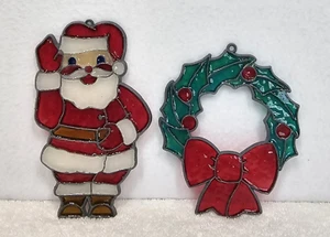 2 Vintage Christmas Holiday Stained Glass Sun Catchers Ornaments Santa Wreath 5" - Picture 1 of 4