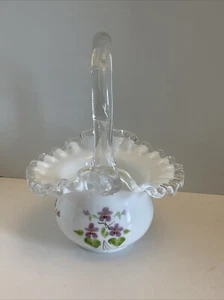VINTAGE FENTON MILK GLASS SILVER CREST VIOLET IN THE SNOW BASKET SIGNED 6.5” - Picture 1 of 6