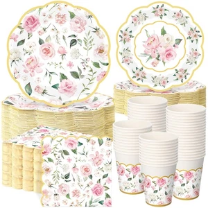 Funnymoom 250 Pcs Floral Party Decorations Flower Paper Plates Napkins and Cu... - Picture 1 of 6