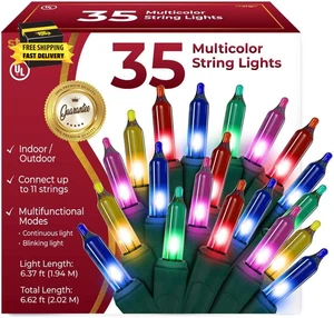 Warm Multi Color Christmas Lights - 6.3 Ft String of 35 Incandescent Mini Bulbs  - Picture 1 of 6