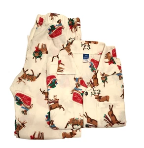 Old Navy Christmas Pajama Set Cream Reindeer Sleigh Button Front Unisex Kids 8 - Picture 1 of 7