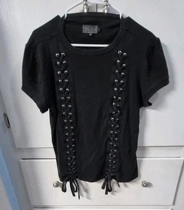 Tripp NYC Black Laceup Black Short Sleeve Grunge Emo Y2K Large Shirt  - Picture 1 of 6