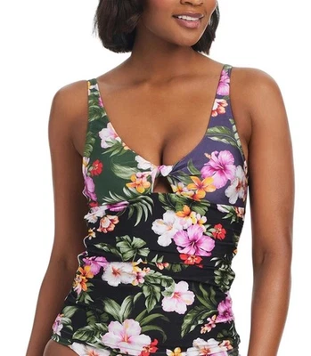 Tankini de natación Bar III para mujer estampado frente torcido fruncido multi negro M Foto 1 de 3