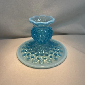 Vintage Fenton Glass Blue Opalescent Hobnail Candlestick Holder MCM Perfect - Picture 1 of 6