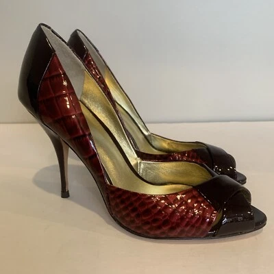 Saks Fifth Avenue Womens Stiletto Pumps 7 Wine Gold Snake Luxury Mob Wife - Image 1 of 4