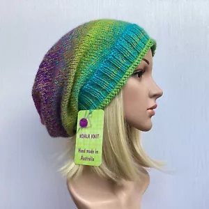 KOALA KNIT HAND KNITTED SIZE L LADIES AUST WOOL PURPLE TURQUOISE SLOUCHY BEANIE - Picture 1 of 6