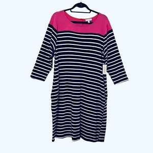 Molly & Isadora Womens Dress 1X Blue Knit Striped 3/4 Sleeve Pockets Stretch - Picture 1 of 13