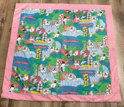 Funky Boho Cat Jungle Pink Solid Back Homemade Quilt Lap Crib Blanket 48x50 - Image 1 of 4