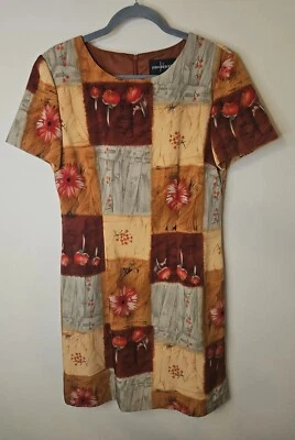 John Roberts Dress 8 Floral Patchwork Yellow Red Rust Gray Sheath Lined Retro - Image 1 of 4