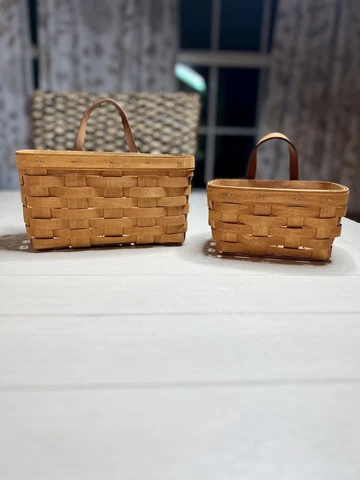Set of 2 Longaberger Hanging Baskets 1995 & 1997 Rectangular with Leather Loop Cover