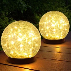 2 Pack Outdoor Solar Light Globe Decor Cracked Glass Ball Waterproof Warm White - Picture 1 of 5