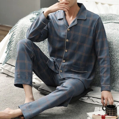 Mens Check Pyjama Set Long Sleeve Tops Trouser Cotton Nightwear Lounge Wear U ~ - Image 1 of 4