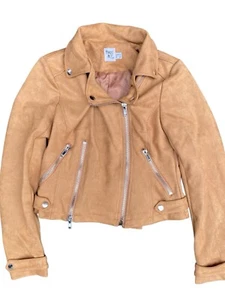 Princess Polly Faux Suede Cropped Moto Jacket Size 4 Camel Brown Zip Snap Vegan - Picture 1 of 9