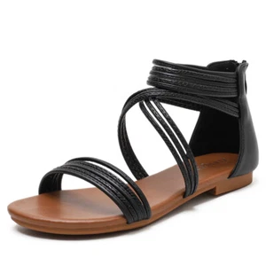 Women's Open Toe Zip Up Flat Sandals Bohemia Cross Strap Casual Roman Shoes - Picture 1 of 15