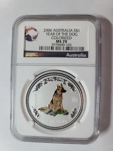 2006 Australia $1 Lunar Year of The Dog 1oz Silver Colorized Coin NGC MS70 - Picture 1 of 4