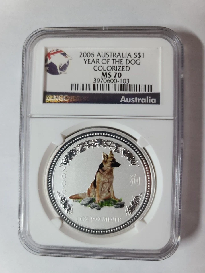 2006 Australia $1 Lunar Year of The Dog 1oz Silver Colorized Coin NGC MS70 - Image 1 of 4